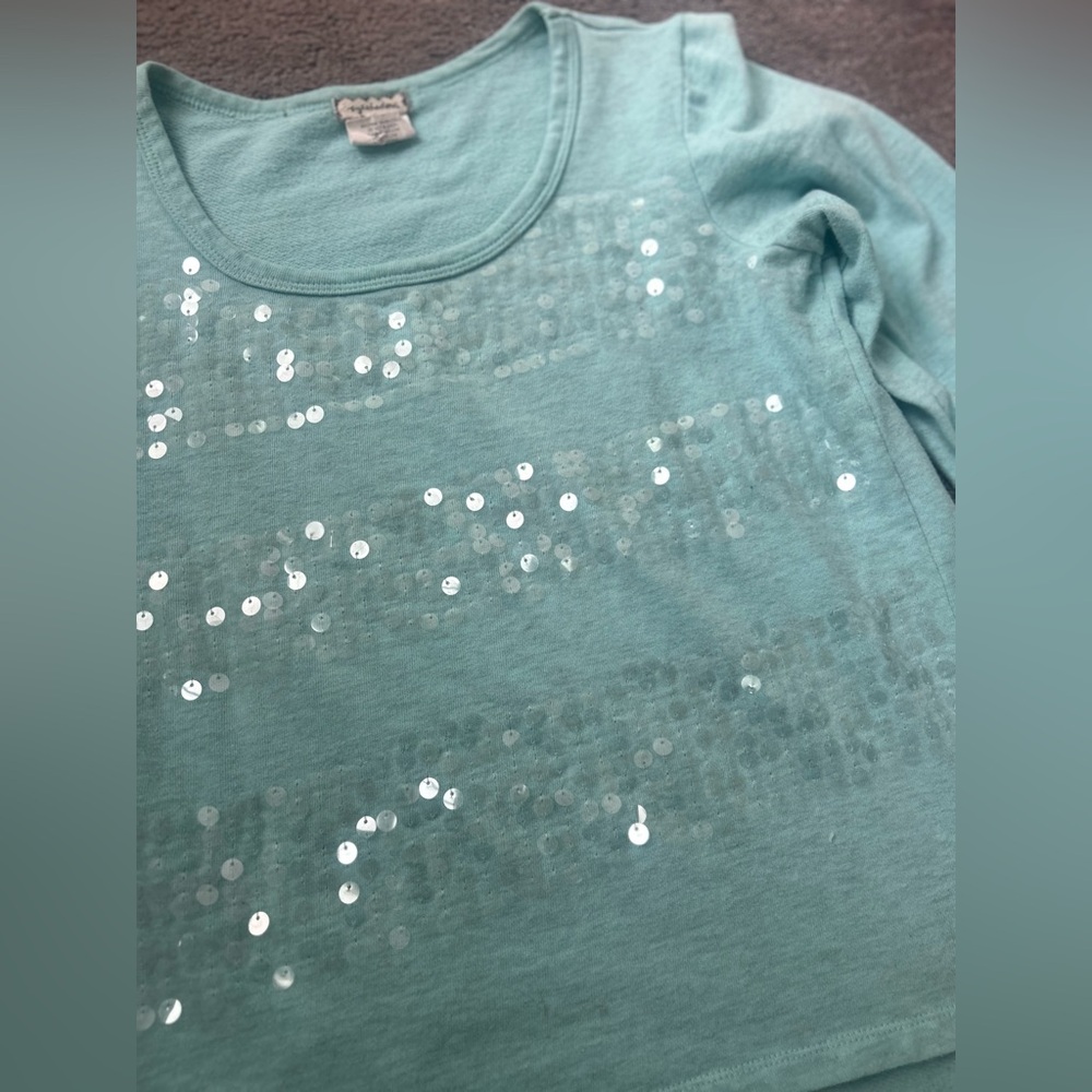 Eyeshadow Teal Sequin Sweatshirt | Size S | Sparkly Y2K Cozy Pullover - Picture 2 of 9